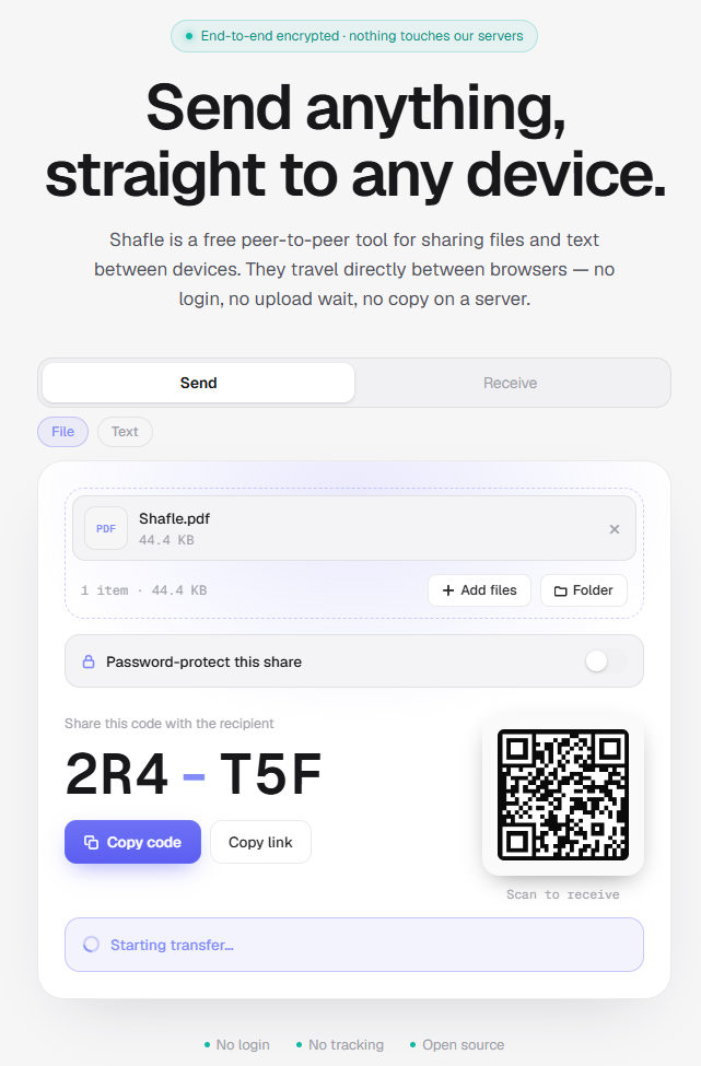 Shafle send screen showing a share code and a QR code to scan